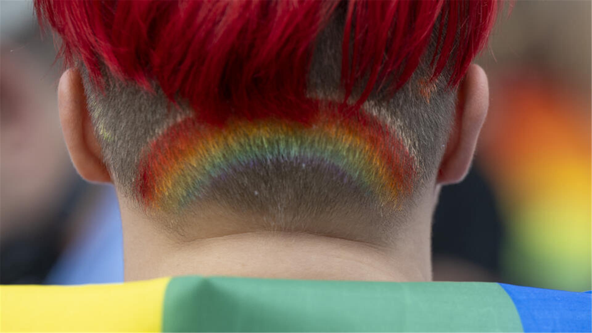Eine gefärbte Regenbogenflagge auf dem Hinterkopf eines CSD Besuchers 