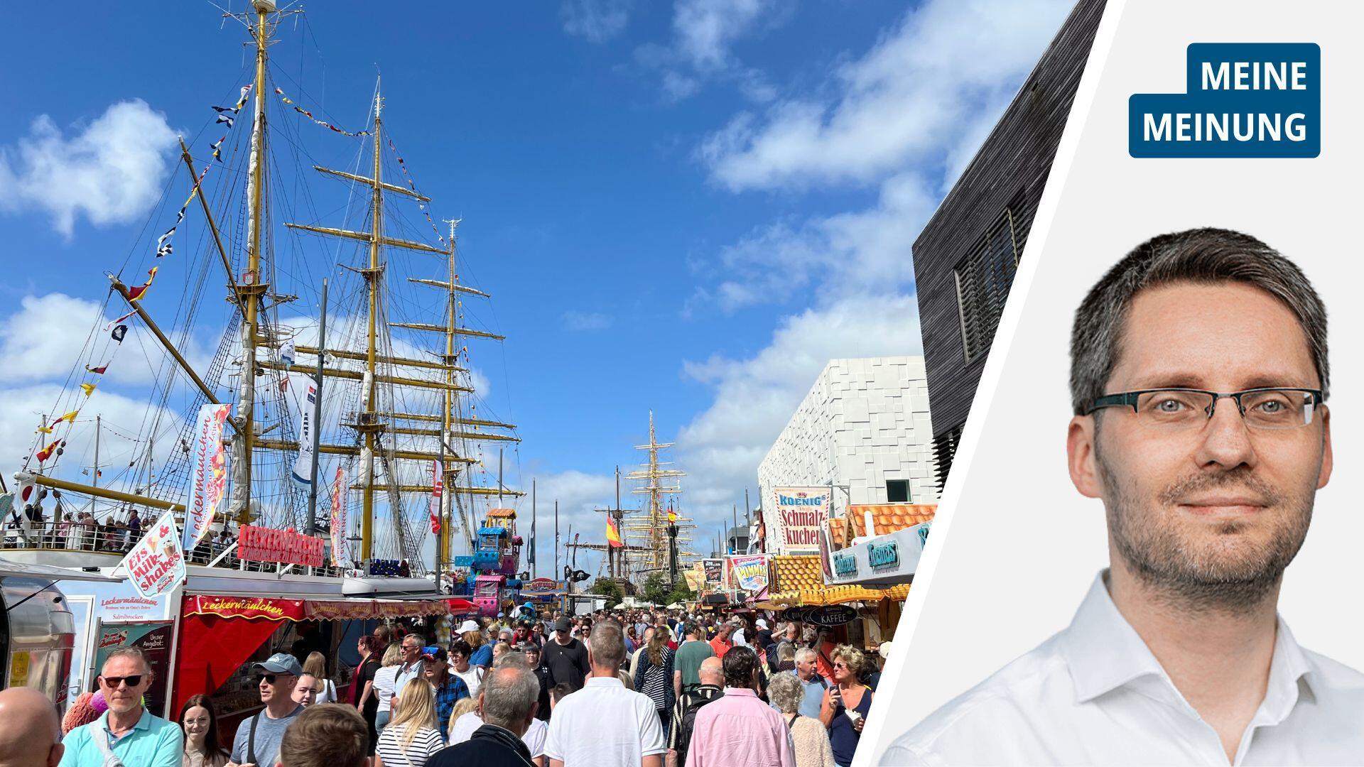 Imbissbuden, eine Menschengruppe und ein Segelschiff: Das Sujet für die Sail.