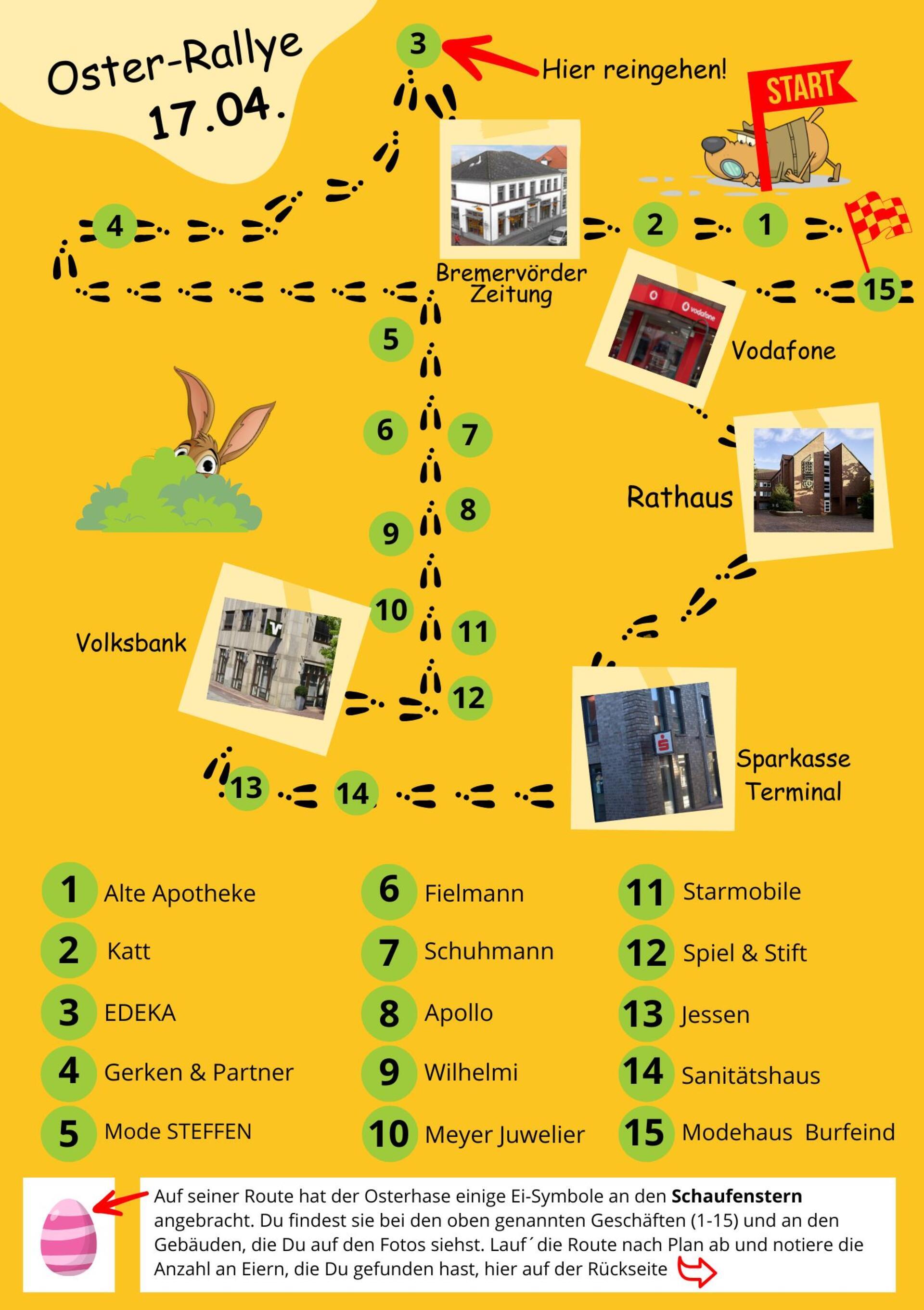 Die Teilnahmescheine liegen in den Geschäften aus, die auf der Hasenroute eingezeichnet sind. Orientierungshilfe leistet dabei die Hasenroute, auf der die Laufwege und Standorte eingezeichnet sind.