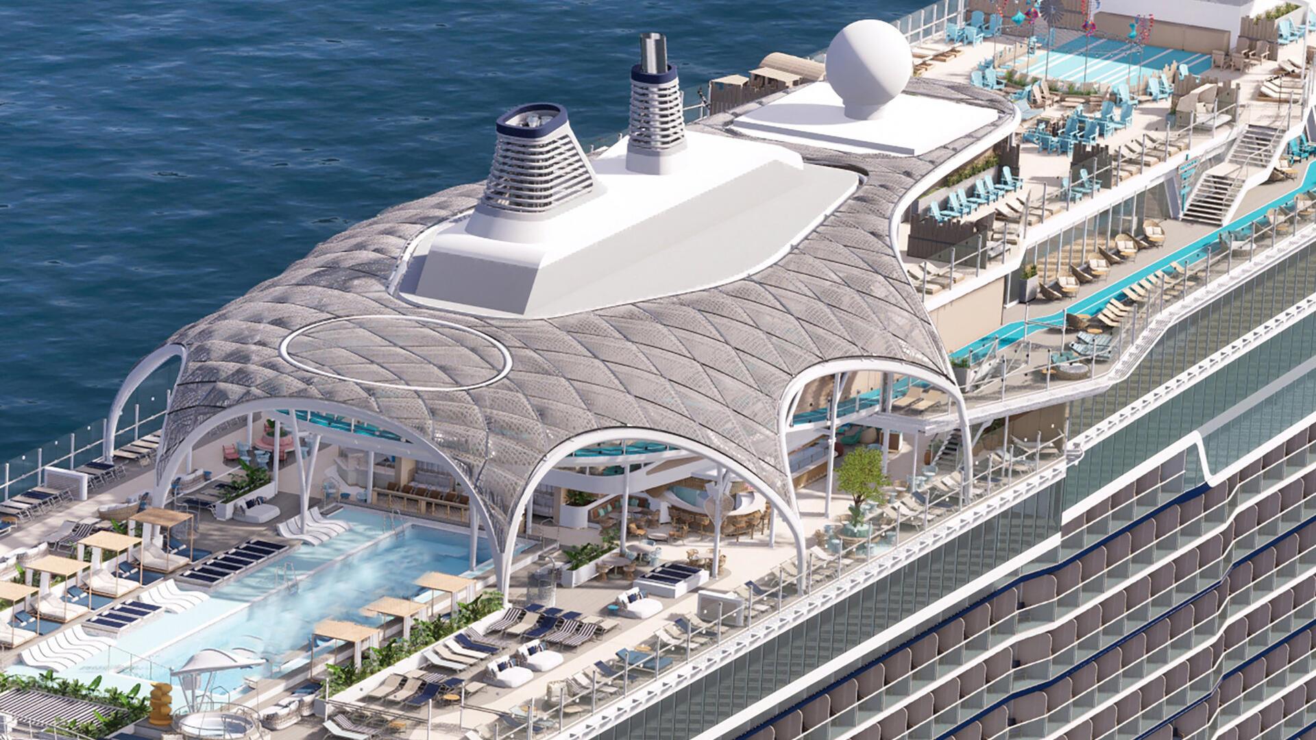 Meeresgiganten: Diese neuen Kreuzfahrtschiffe starten 2025 Die Überdachung des Außenpools auf der „Mein Schiff Relax“ soll an Flechtwerk erinnern.