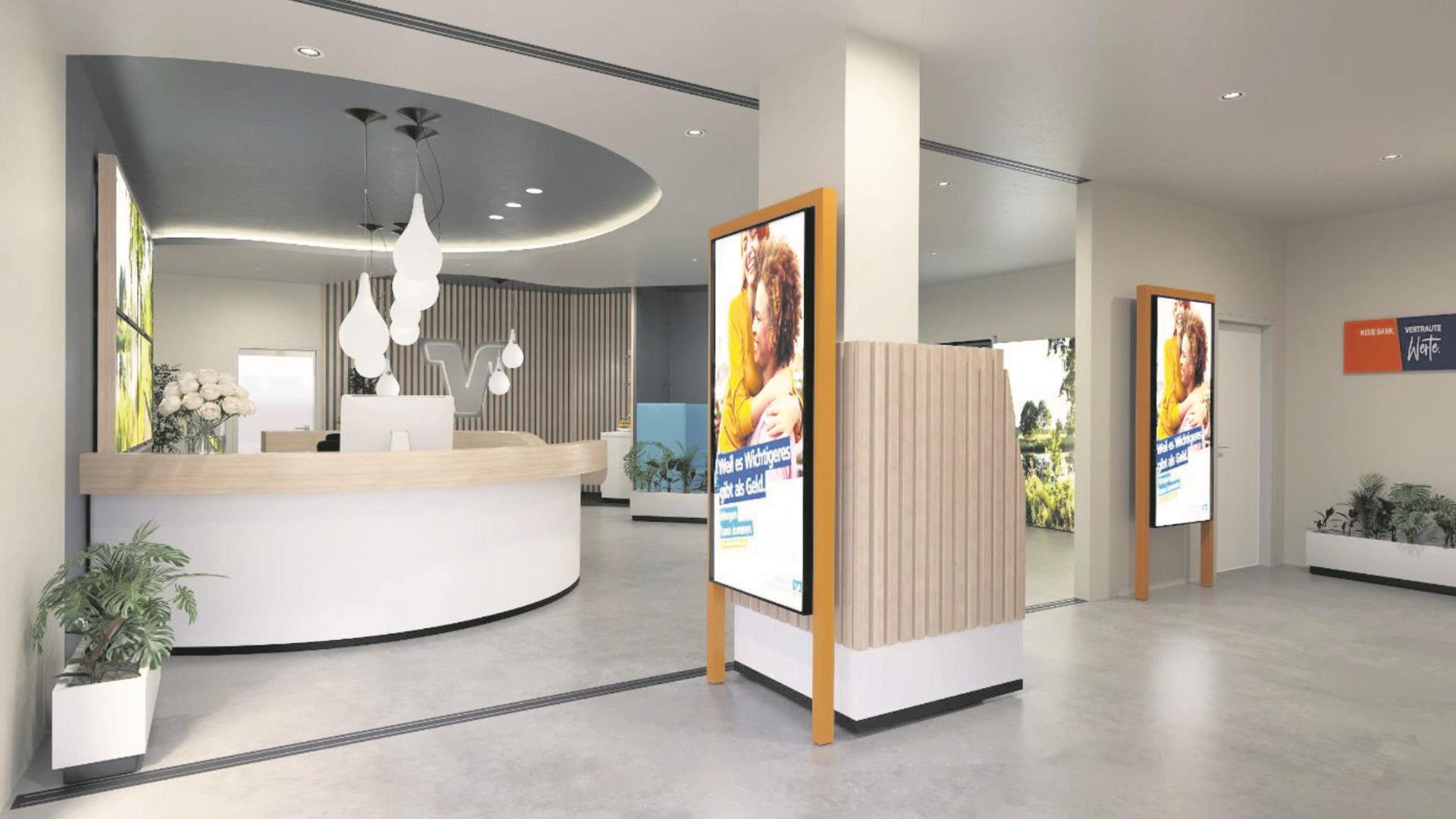 Die Volksbank in Bad Bederkesa wird modernisiert: Während des laufenden Umbaus bleiben Beratung und Schließfächer zugänglich – Bargeld gibt es vorübergehend im Container auf dem Parkplatz. 
