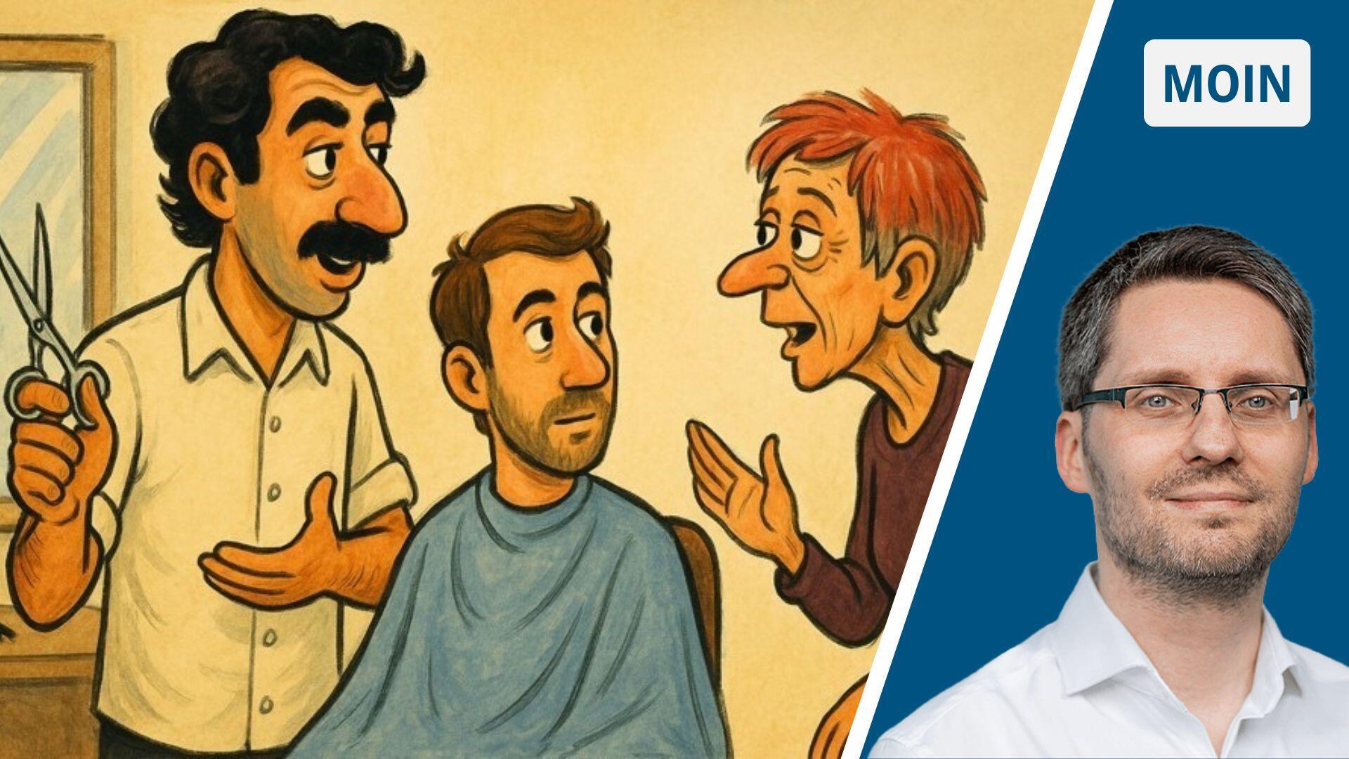 Drei Comic-Figuren: Ein Friseur mit Schere, ein Kunde und eine ältere Frau mit roten Haaren. Rechts daneben das Porträt des Reporters Pascal Patrick Pfaff.