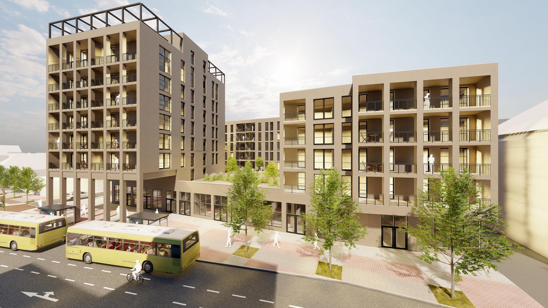 Die neue Mitte in Wulsdorf: So soll der Gebäudekomplex den neuesten Plänen nach aussehen. Ende 2027 sollen die Wohnungen bezugsfertig sein.