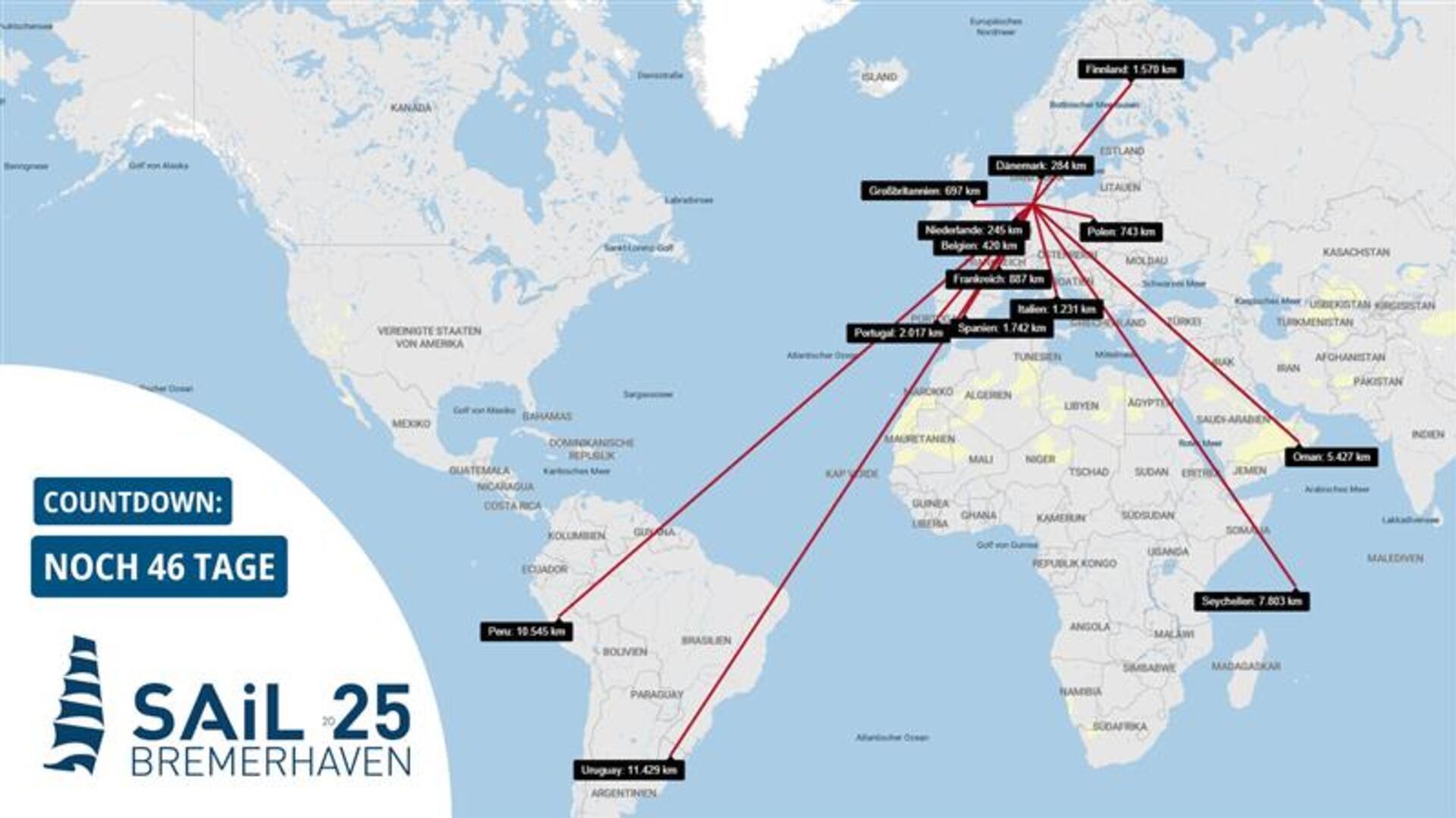 Diese Länder werden bei der Sail 25 im August mit ihren Schiffen vertreten sein. 