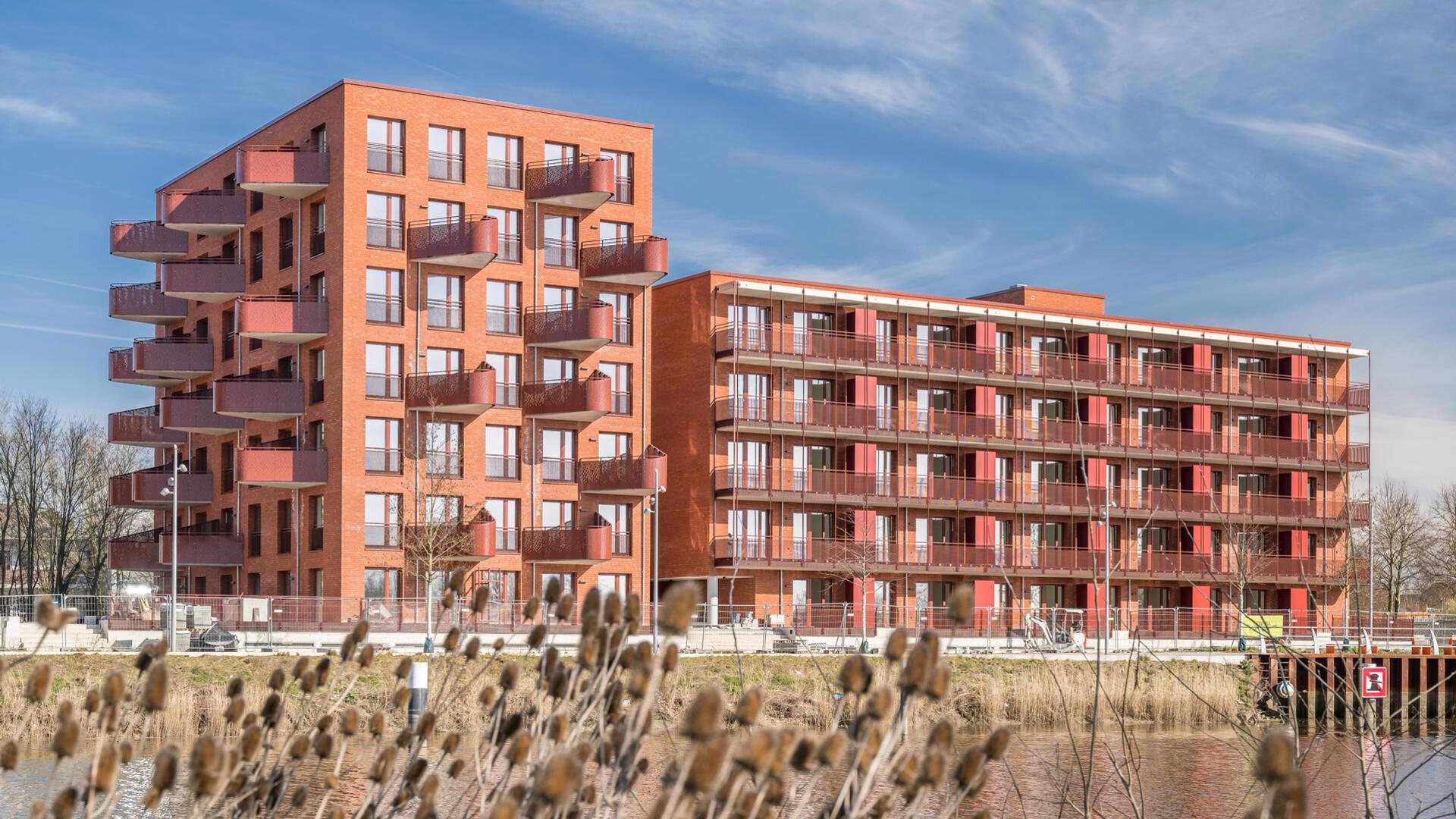 Zwei moderne, rot verklinkerte Wohngebäude mit großzügigen Balkonen am Wasser im Kistner-Carré in Bremerhaven-Lehe. Im Vordergrund Schilfgras, im Hintergrund blauer Himmel mit leichten Wolken.