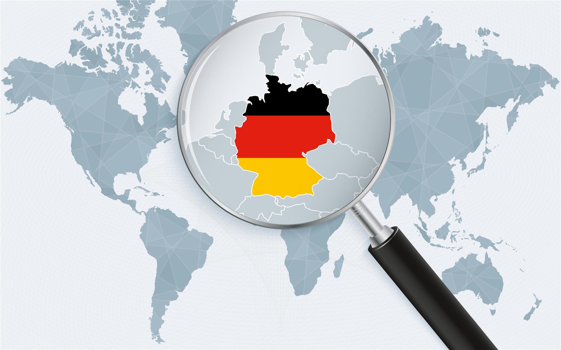 Eine Weltkarte in Grau. Eine Lupe rückt Deutschland in den Fokus. 
