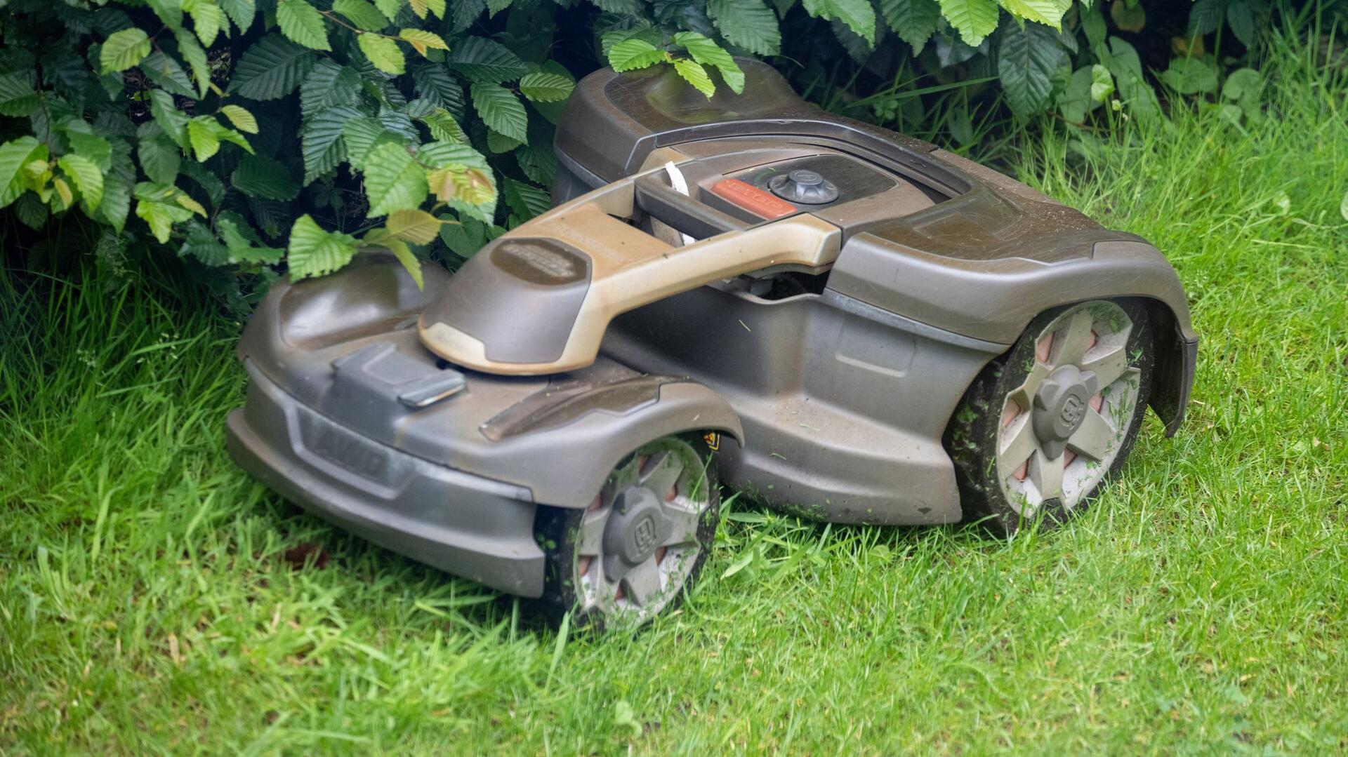 Ein Mähroboter mäht Gras in einem Garten. 