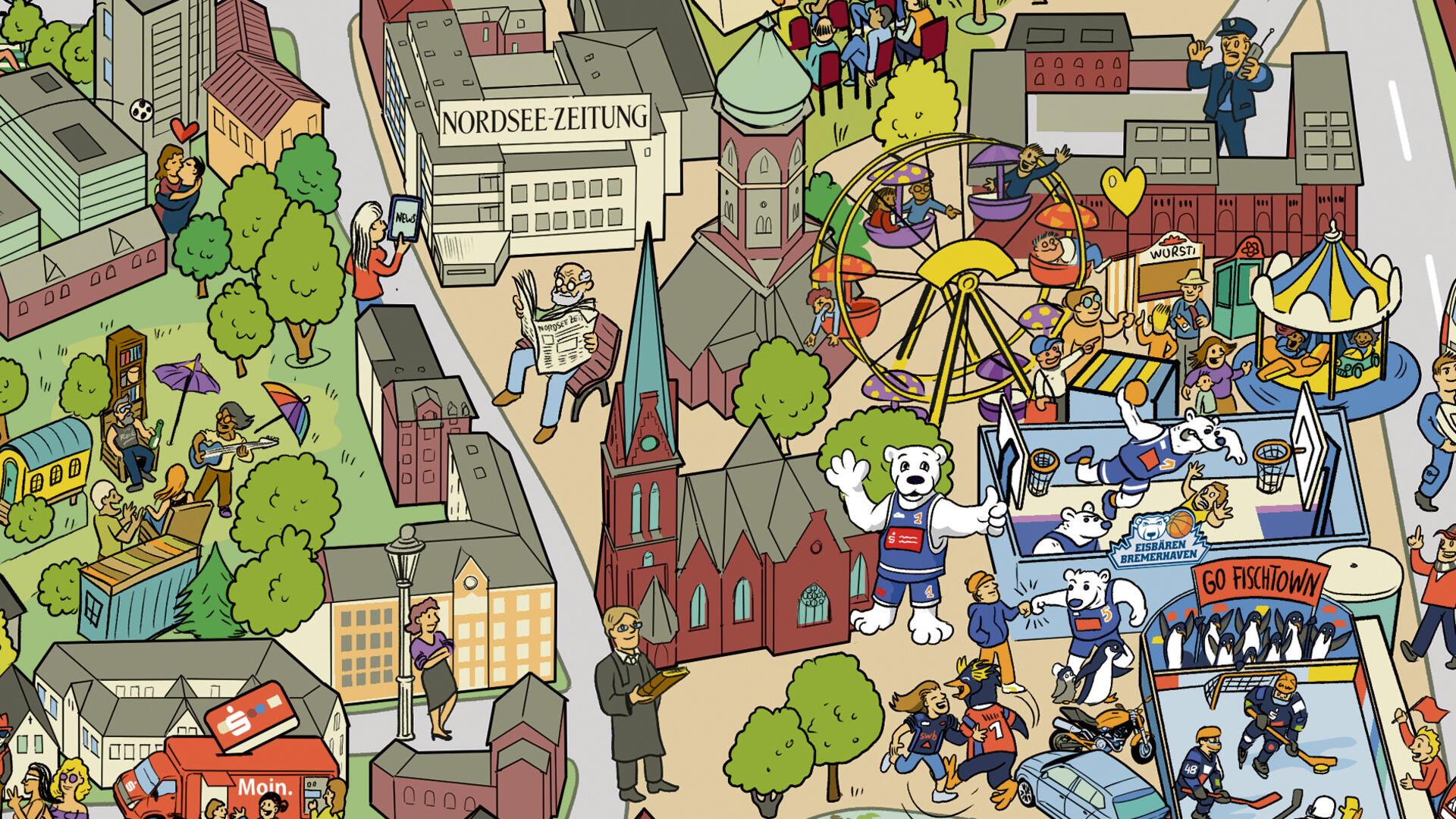 Ein animiertes Bild einer Stadt.