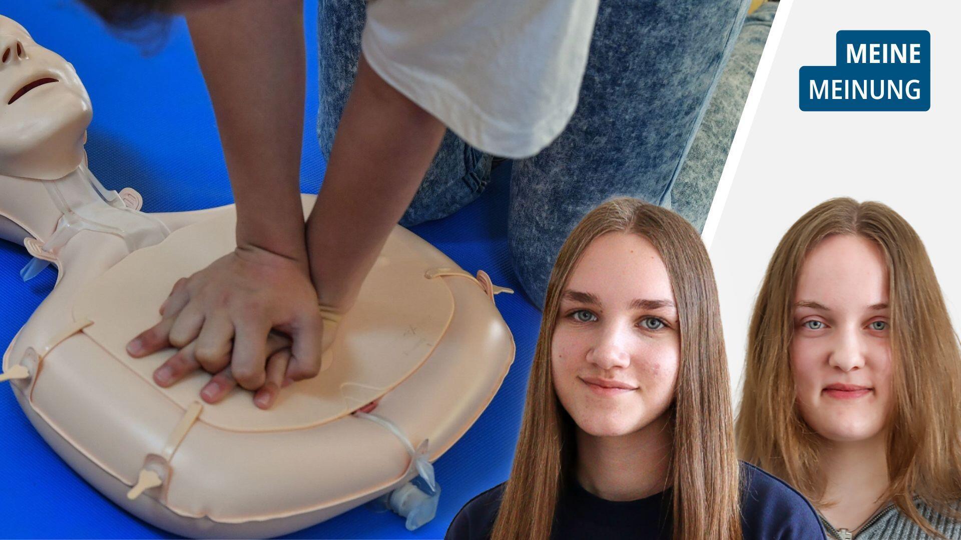 Porträt zweier Schülerinnen mit langem Haar, neben einem Dummy zum Üben der Reanimation.