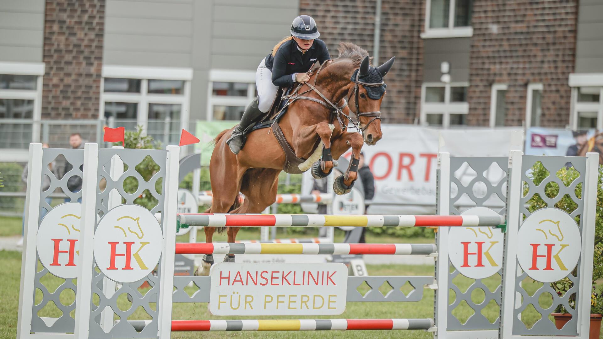 Ein Pferd und eine Reiterin springen über ein Hindernis.