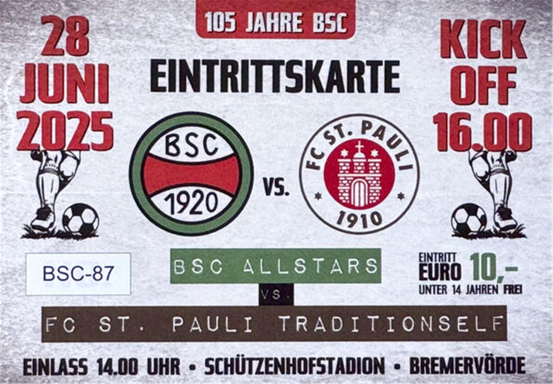 Eintrittskarten für das Spiel der „BSC-Allstars“ gegen die Traditionself des FC St. Pauli am 28. Juni sind ab sofort für zehn Euro bei der Volksbank-Geschäftsstelle in Bremervörde erhältlich.