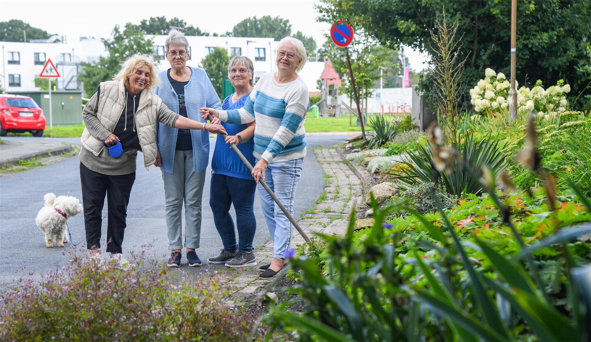 Vier Frauen mit einer Harke. Sie stehen auf einer Straße und an einem Beet.