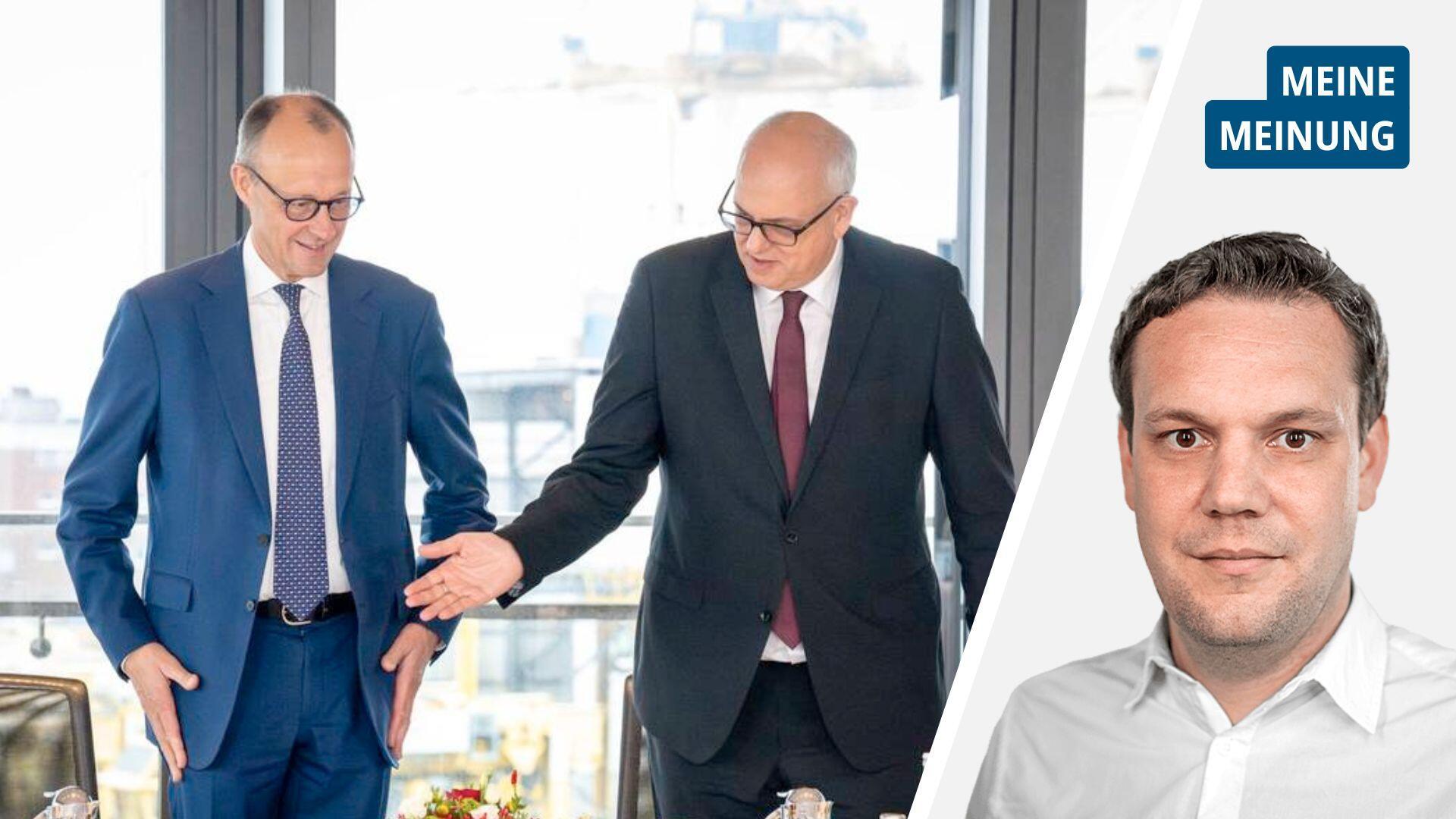 Friedrich Merz (CDU) und Andreas Bovenschulte (SPD) beim Antrittsbesuch des Kanzlers in der Seestadt Bremerhaven. 