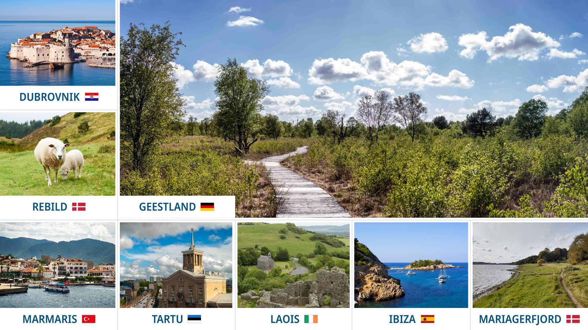 Bilder-Kombo im Stile einer Postkarte von touristischen Orten
