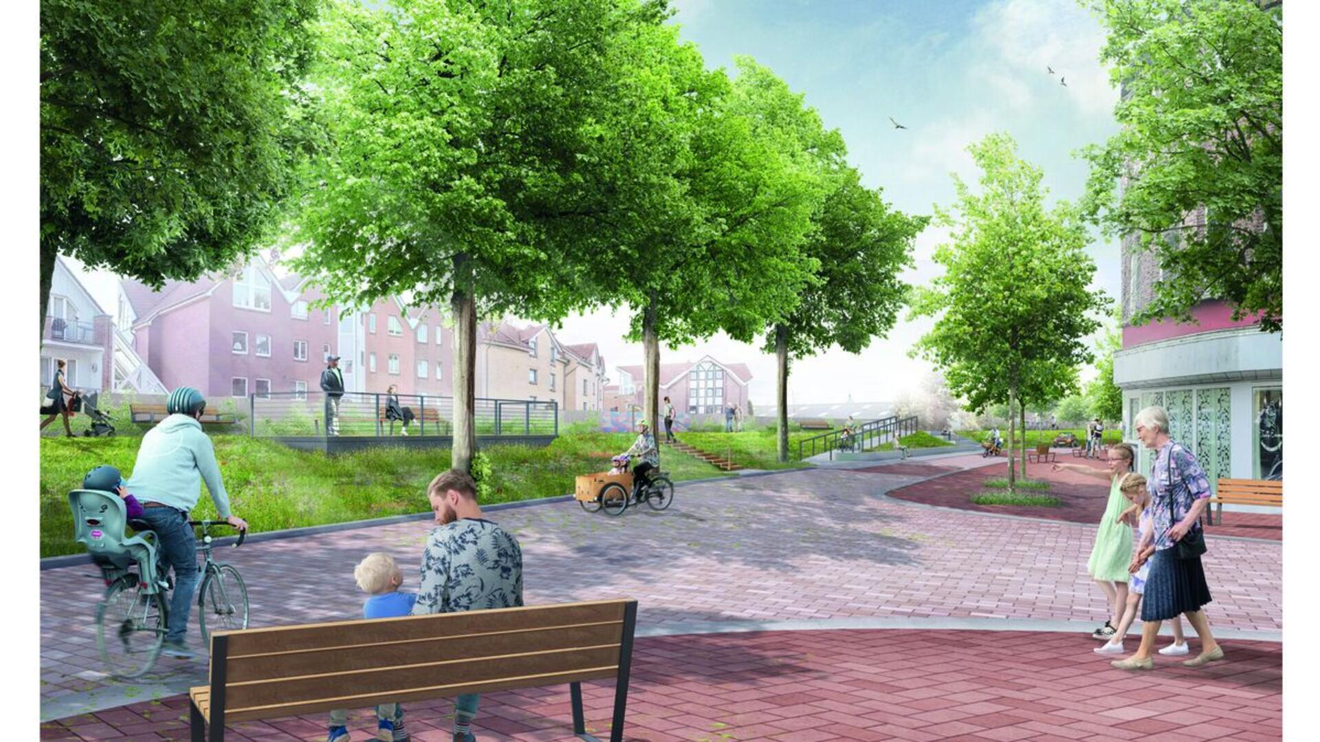 Eine Grafik zeigt das mögliche neue Stadtbild von Cuxhaven. Gegenüber dem Eingang zum Lotsenviertel am Alten Deichweg soll der Deichbalkon entstehen. 