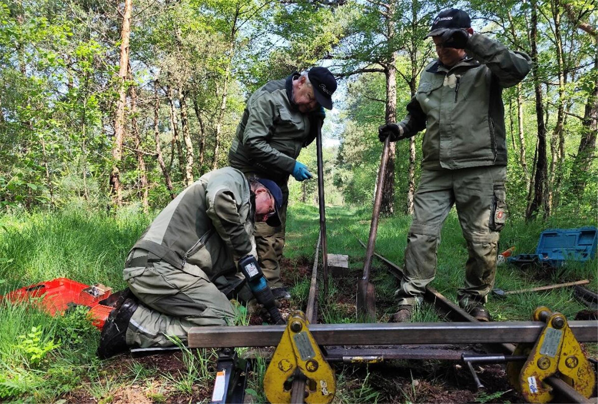 Drei Männer in Arbeitskleidung führen Reparaturarbeiten an einem Gleis der Moorbahn im Wald durch. Werkzeuge und Geräte liegen am Rand der Strecke.
