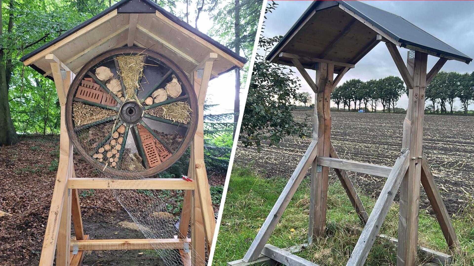 Zweiteiliges Foto: Links ein Insektenhotel aus einem alten Wagenrad, gefüllt mit Naturmaterialien, in einem Holzgestell im Wald. Rechts dasselbe Gestell leer auf einem Feld.