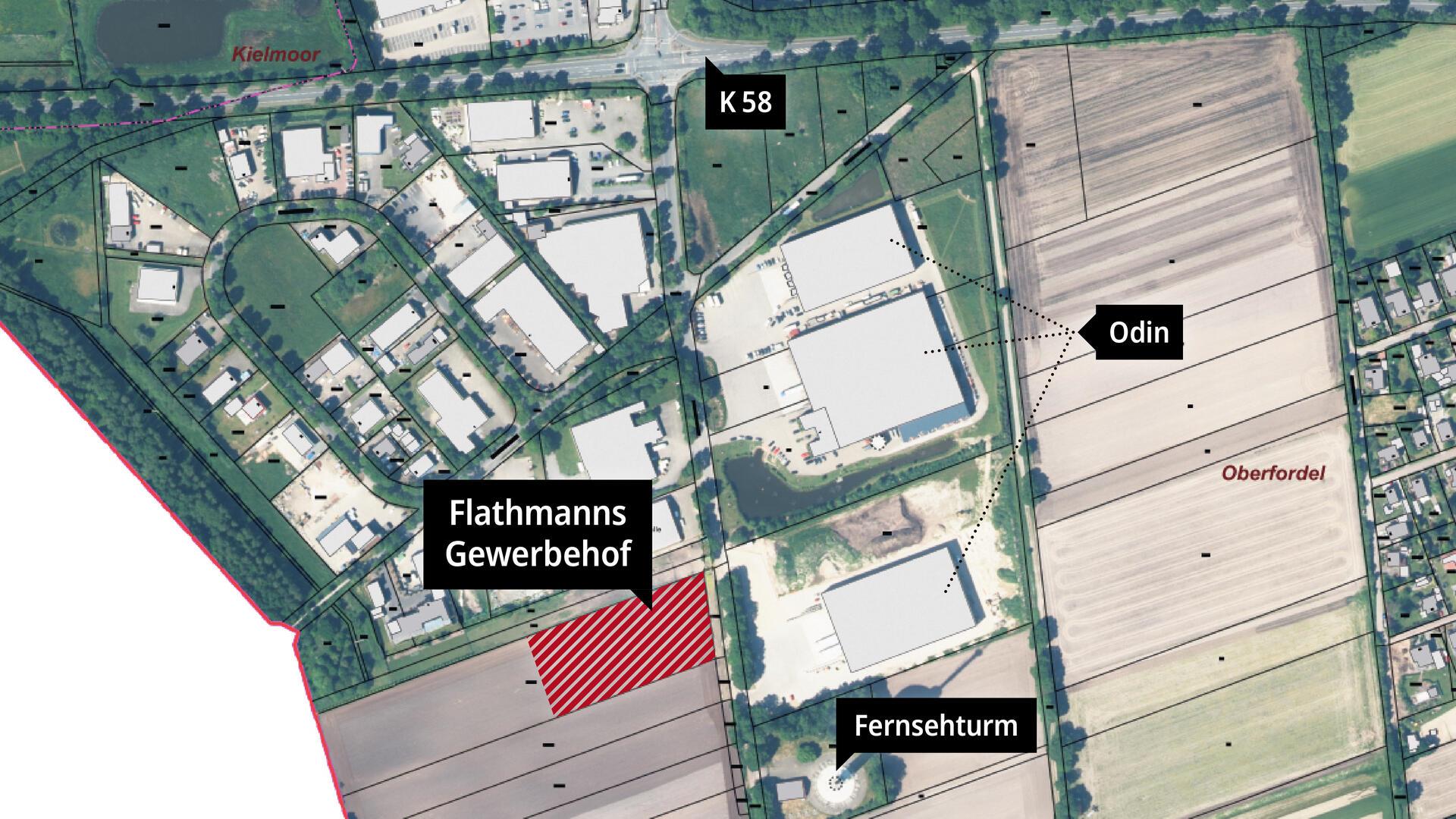 Eine Karte von einem Gewerbegebiet. Es zeigt den "Gewerbehoof Flathmann", den Fernsehturm Odin und die K58.