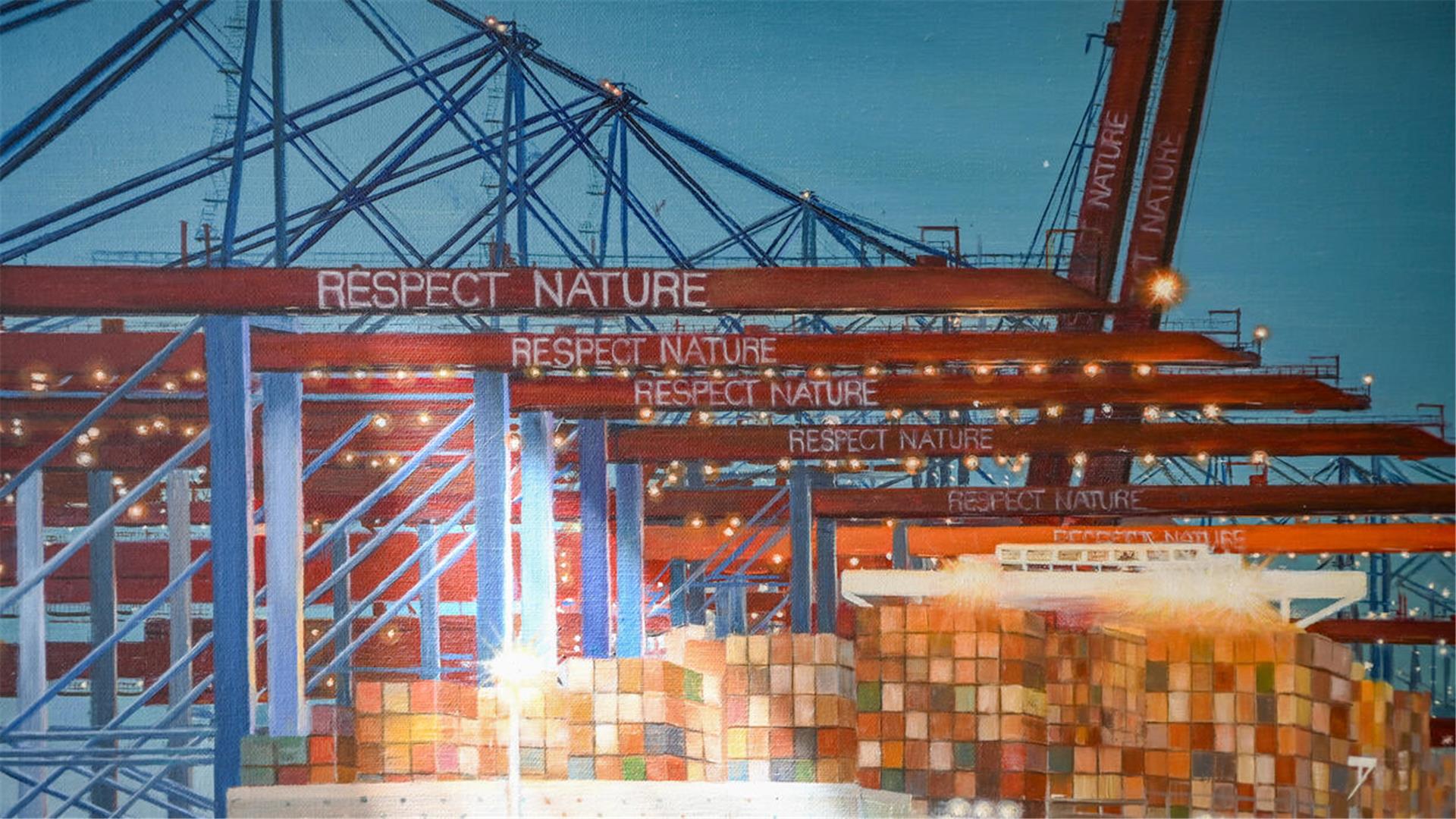 Szenerie am Hafen. Im rechten Flügel des Triptychons ist die Ladung schon gelöscht, die Container stapeln sich.