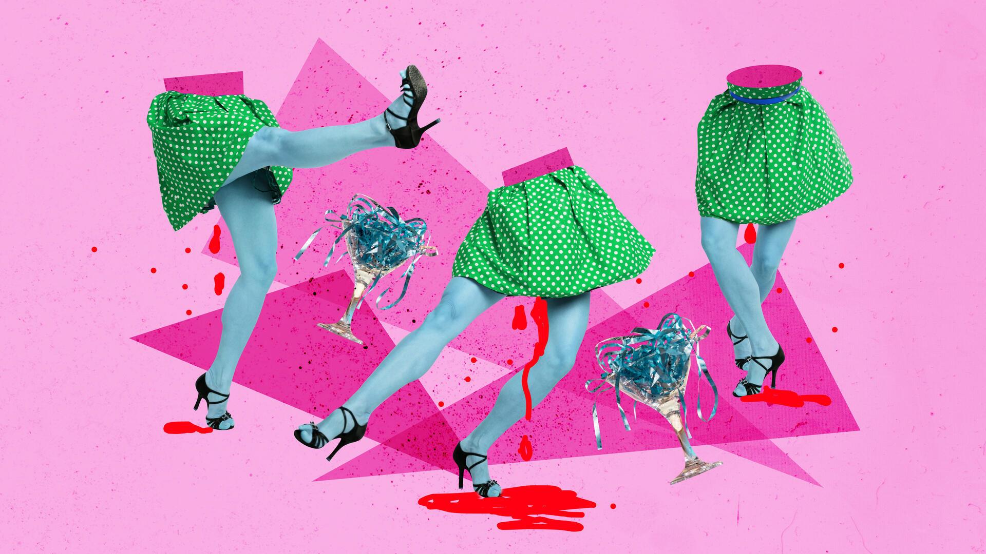 Surreale Collage auf pinkem Hintergrund mit drei kopflosen, blauhäutigen Frauenbeinen in grünen, gepunkteten Röcken und High Heels. Aus den Unterkörpern tropft rotes Blut. Zwischen ihnen stehen umgekippte Cocktailgläser gefüllt mit blauen Bändern. Der Stil ist pop-art-artig und provokativ.