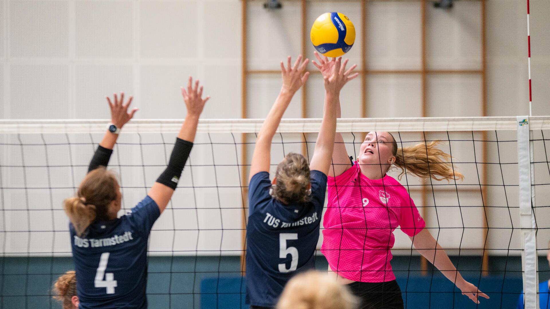 Eine Frau in einem pinken Trikot wirft einen Ball über ein Netz zu zwei Frauen in blauen Trikots, die die Arme hochgehoben haben.