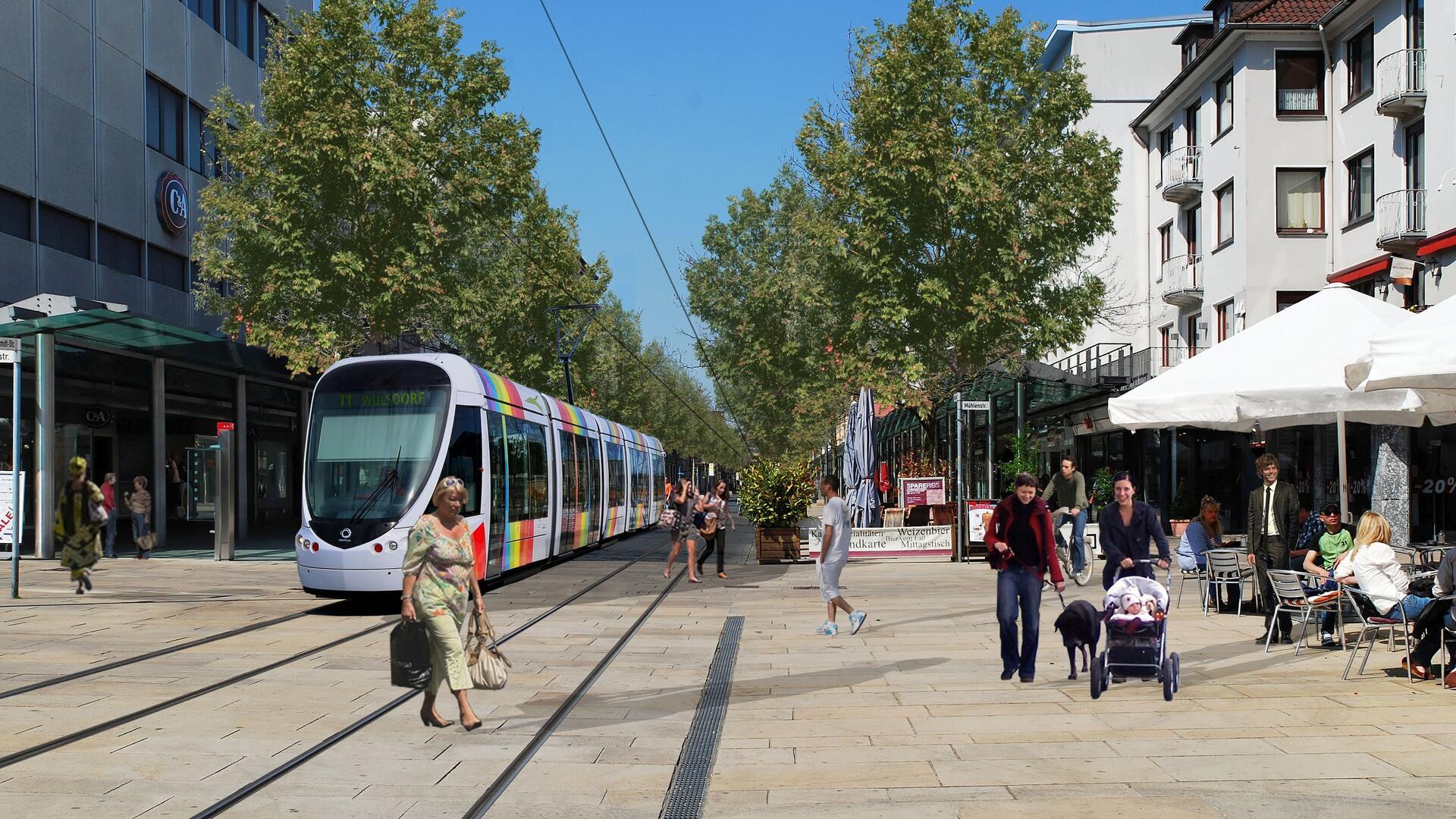 Kann diese Montage einmal Wirklichkeit werden? Ein Prüfverfahren soll Klarheit bringen, ob die Straßenbahn einen volkswirtschaftlichen Nutzen für die Stadt hat. Montage: VCD