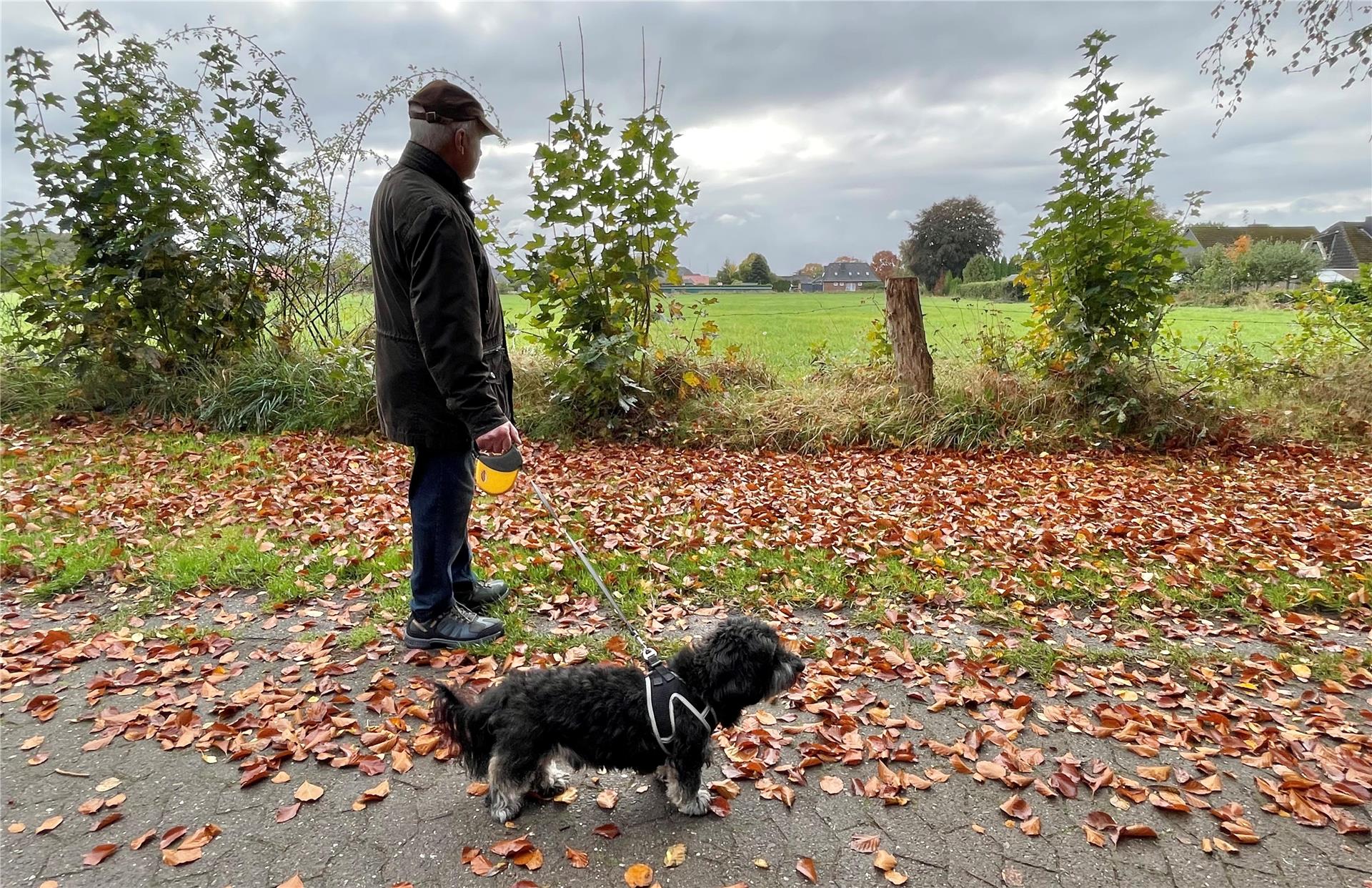 Ein Mann mit Cäppi und einem Hund an der Leine. Der Weg ist herbstlich mit Blättern "geschmückt".