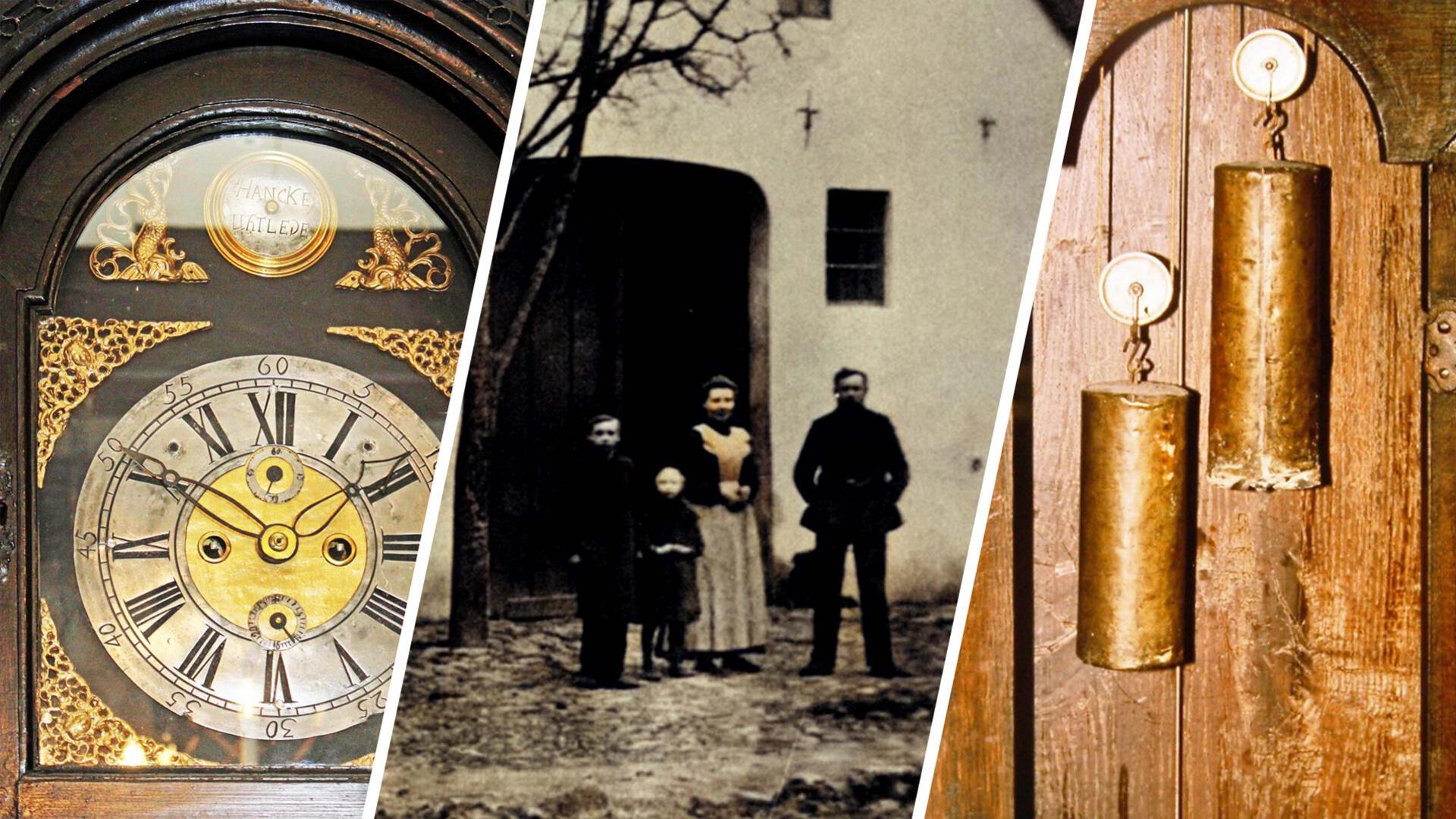 Made in Uthlede: Eine Uhr des Meisters Hanneke (v.o.), die im Allmershaus in Rechtenfleth steht, die Besitzer des früheren Uhrmachergeschäftes Foege in der Achterstraße und die Gewichte eines Uhrwerkes aus Uthlede.