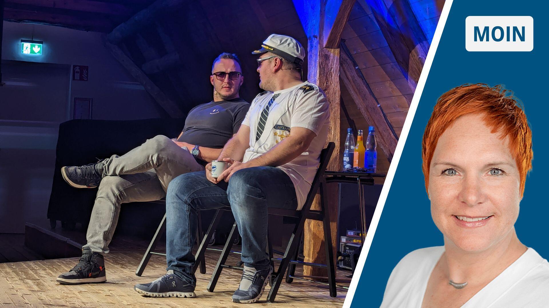 Männer, die aufs Wasser starren: Joschka Traue (links) und Nico Flathmann sind Bremerhavens bekannteste Comedians.