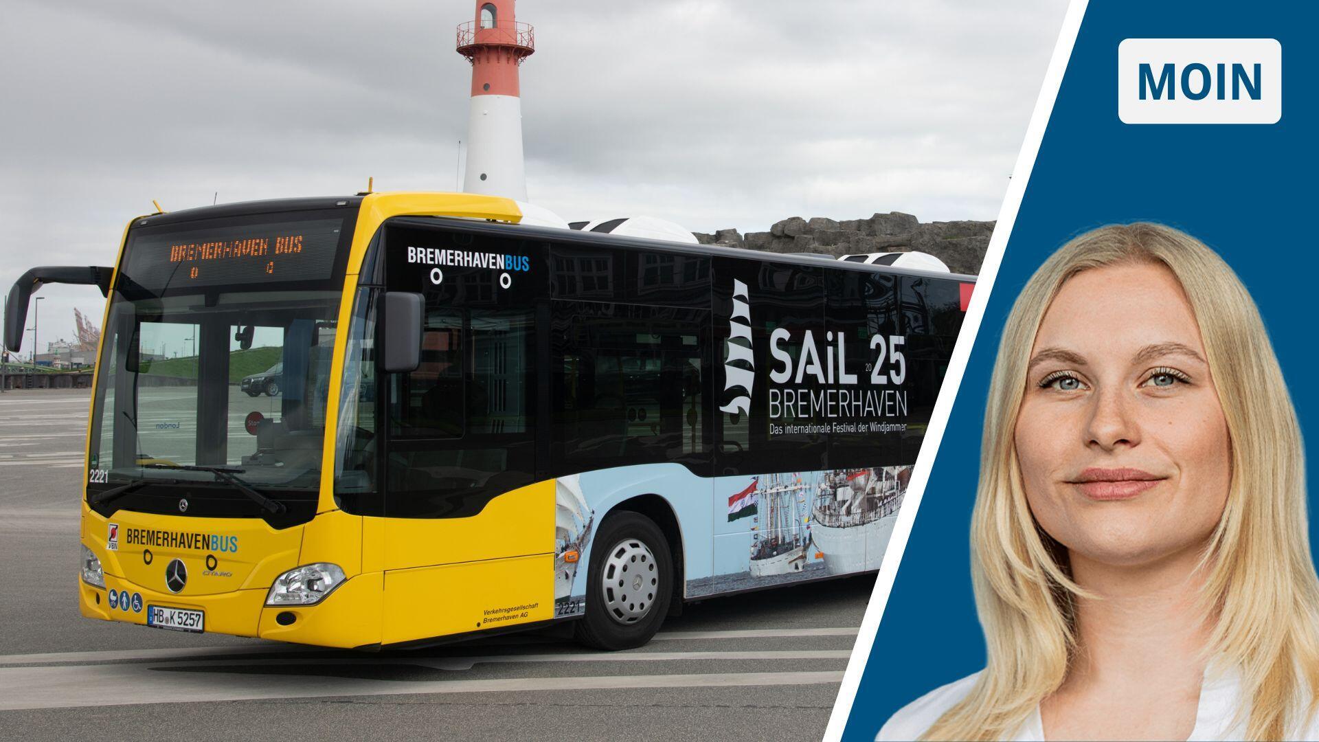 Zweigeteiltes Bild: links ein Bus, rechts eine junge Frau mit blonden Haaren (NZ-Reporterin Marie Petersen).