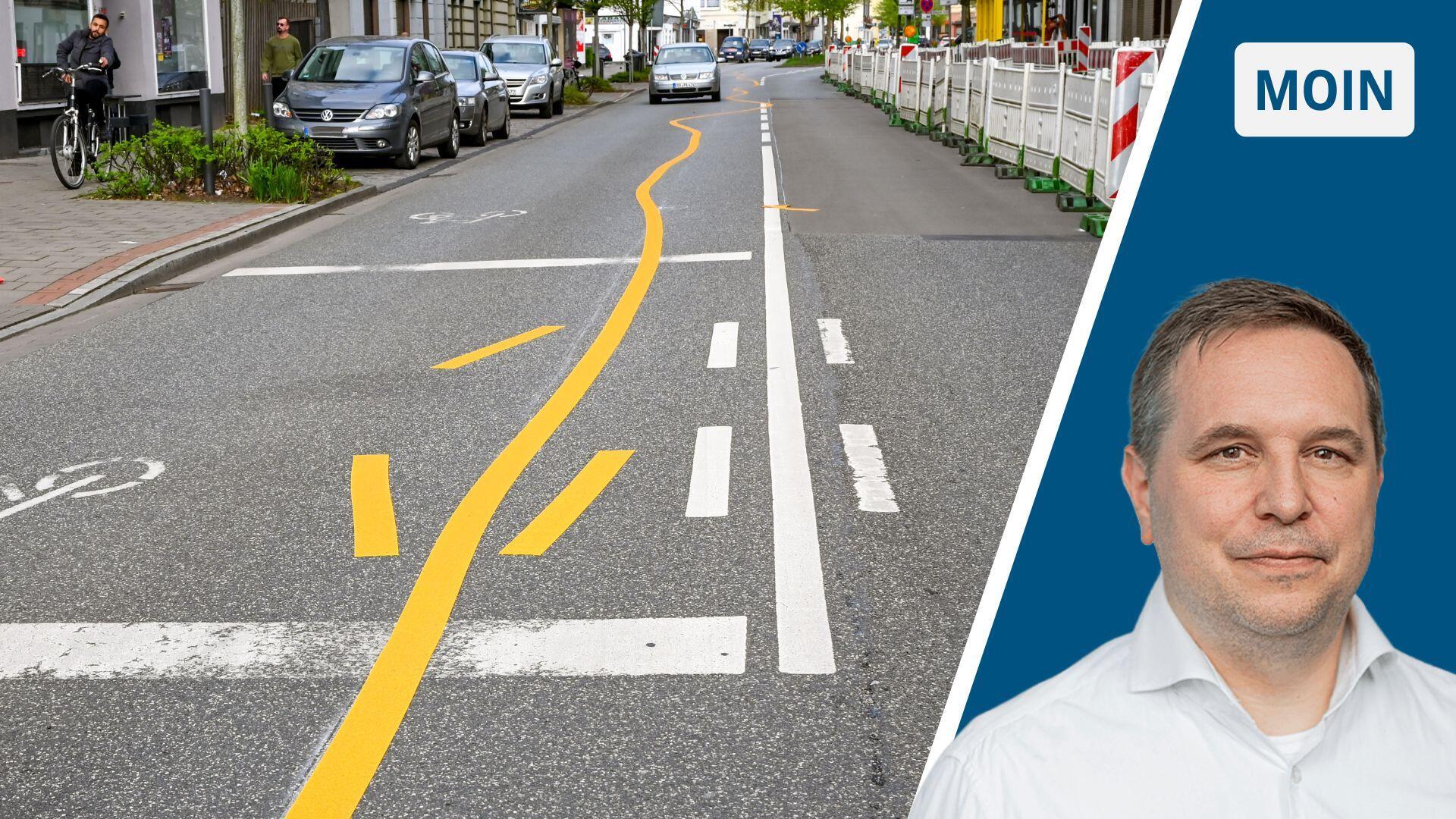 Schlangenlinien auf der Rickmersstraße und Dirk Bliedtner.