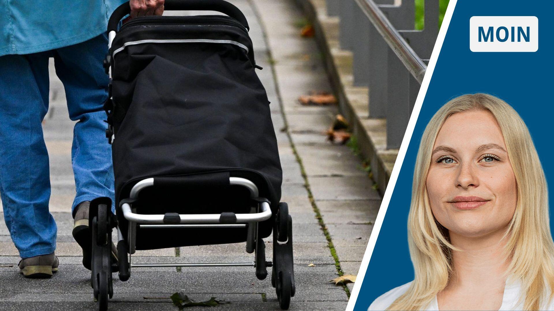 Zweigeteiltes Bild: links ein Einkaufstrolley, der von einer Person gezogen wird, rechts Reporterin Marie Petersen.