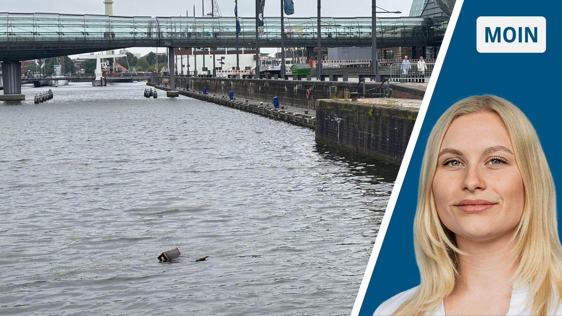 Zweigeteiltes Bild: links ein Stuhl, der im Wasser treibt, rechts junge Frau mit blonden Haaren.