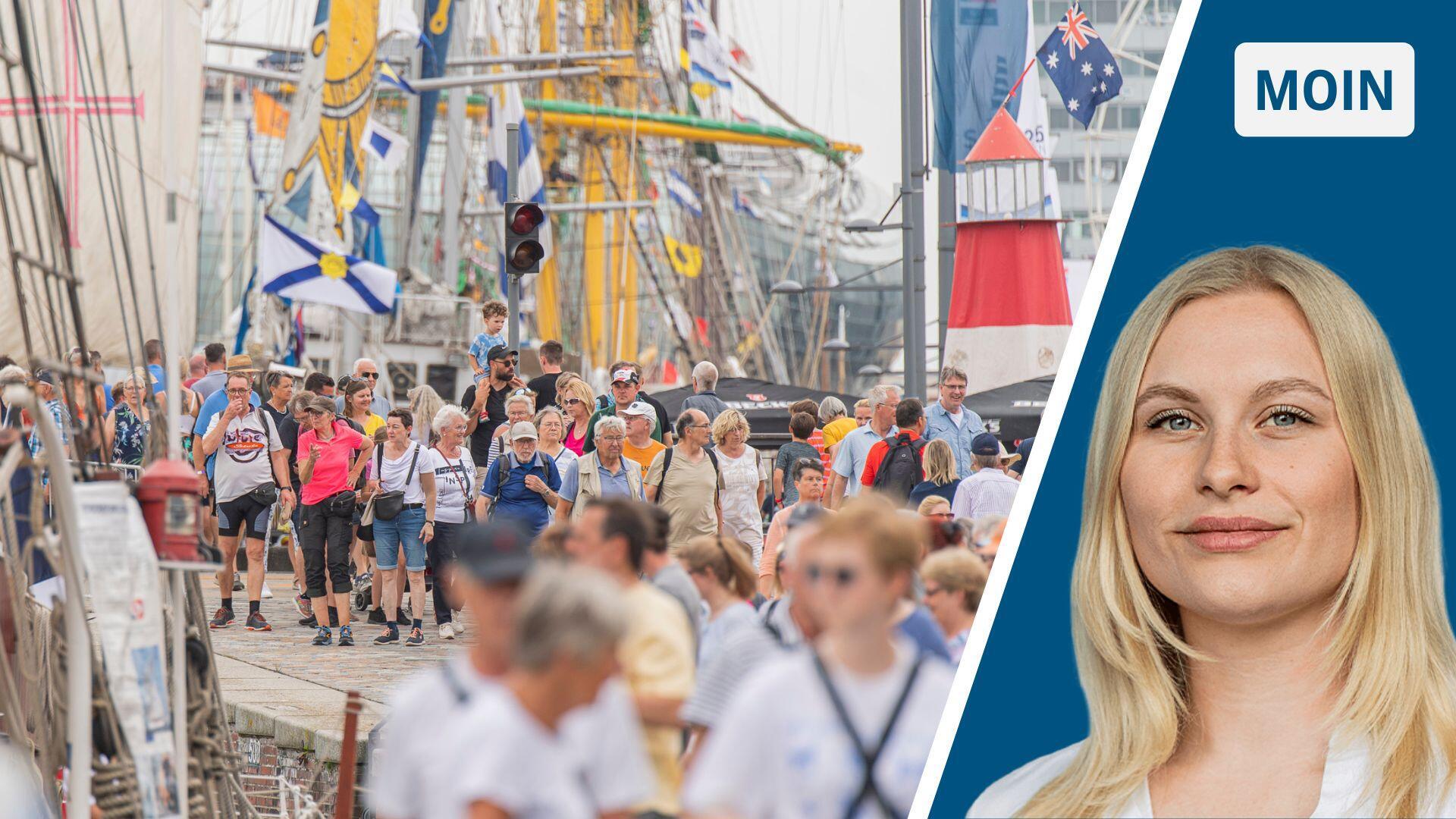 Zweigeteiltes Bild: links Menschen am Hafen, rechts NZ-Reporterin Marie Petersen.
