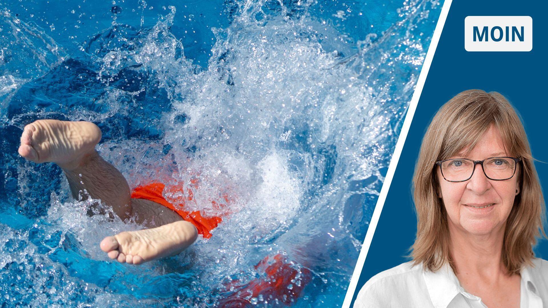 Füße, die aus dem Wasser ragen und das Porträt einer Frau mit Brille.