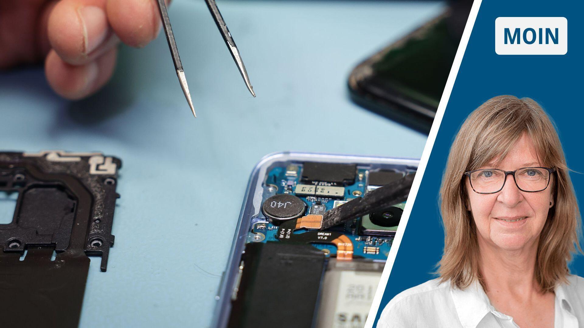 Eine blonde Frau mit Brille und eine Pinzette über einem technischen Gerät.