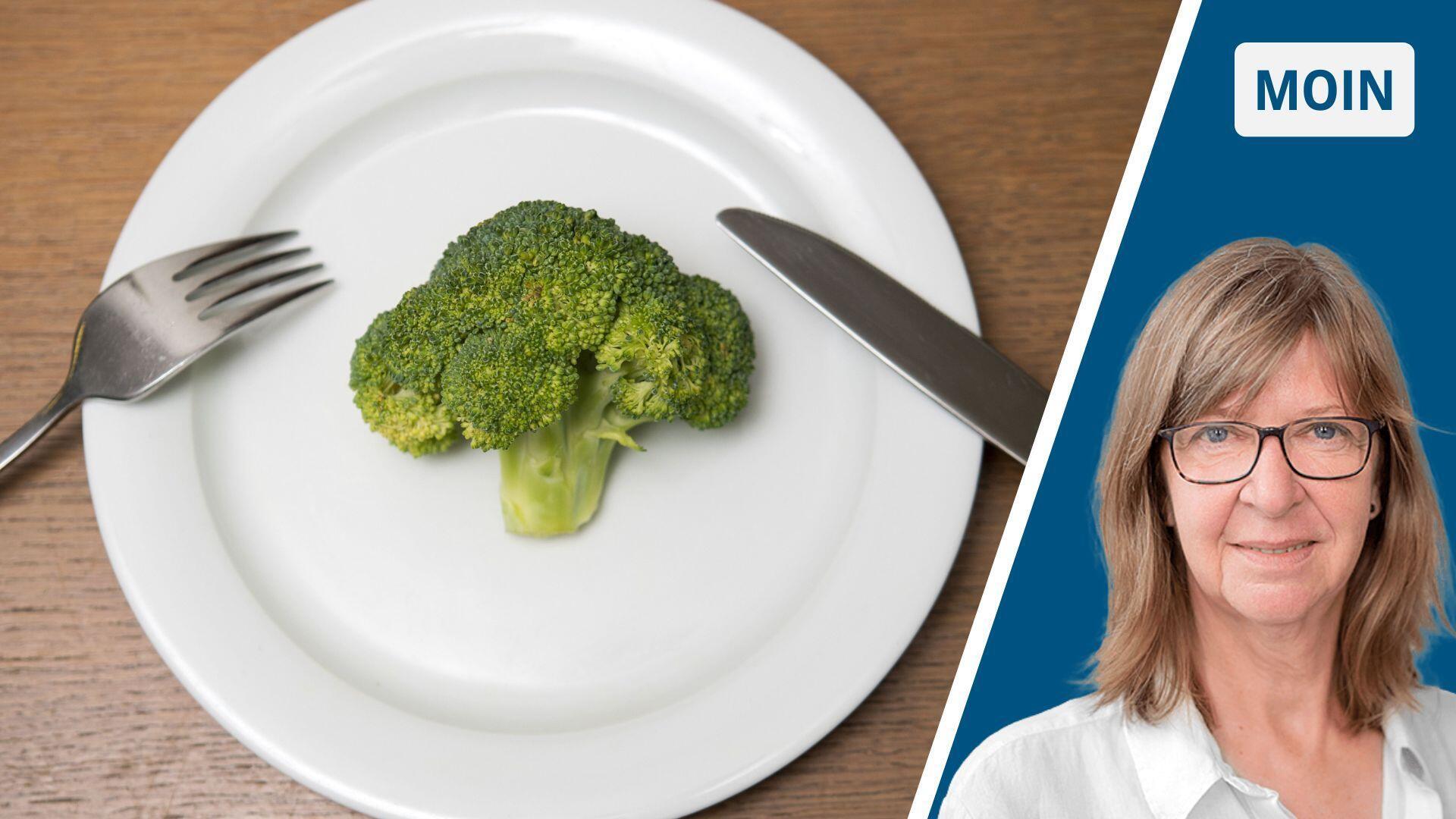 Ein Teller mit Broccoli und das Porträt einer Frau.
