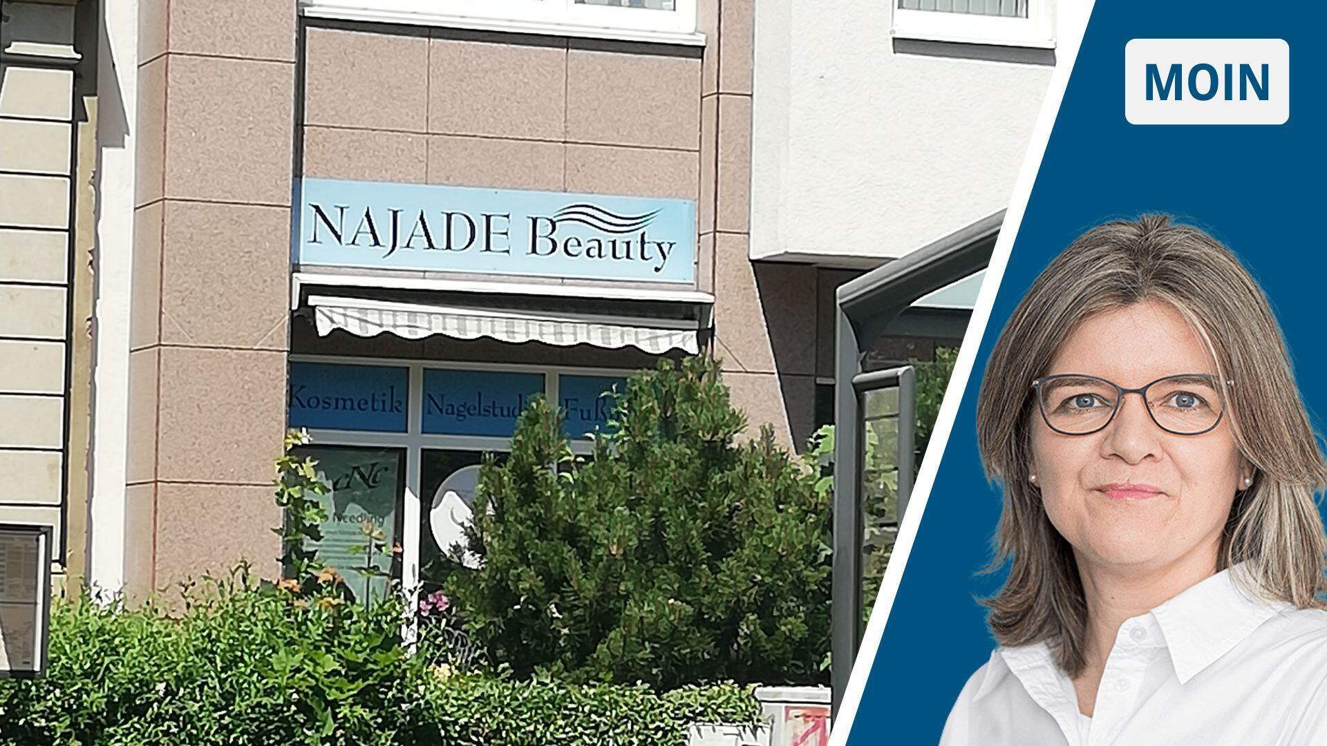 Fassade und Schaufenster eines Schönheitssalons mit dem Namen Najade.