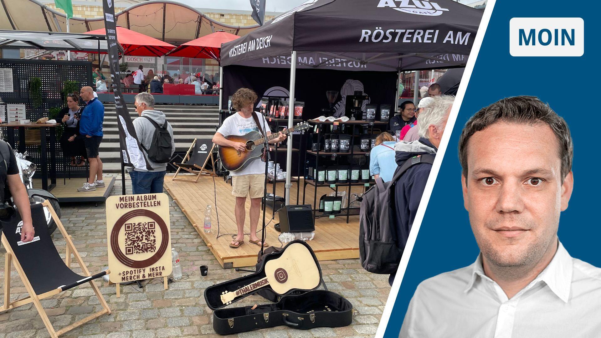 Ein Straßenmusiker und Jens Gehrke im Portrait