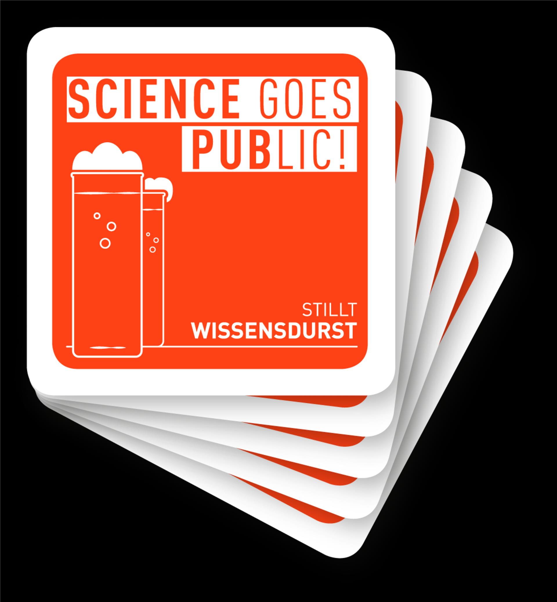 Ein packen Bierdeckel mit der Aufschrift „Science goes public“.