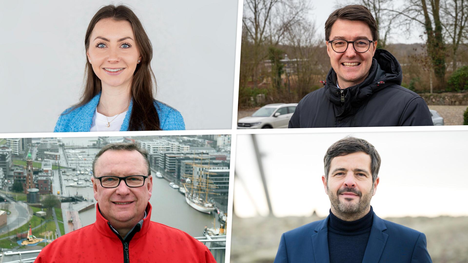 Sie möchten nach Berlin (im Uhrzeigersinn): Sandra Schmull (CDU, Bremerhaven), Christoph Frauenpreiß (CDU, Landkreis Cuxhaven), Daniel Schneider (SPD, Landkreis Cuxhaven) und Uwe Schmidt (SPD, Bremerhaven).