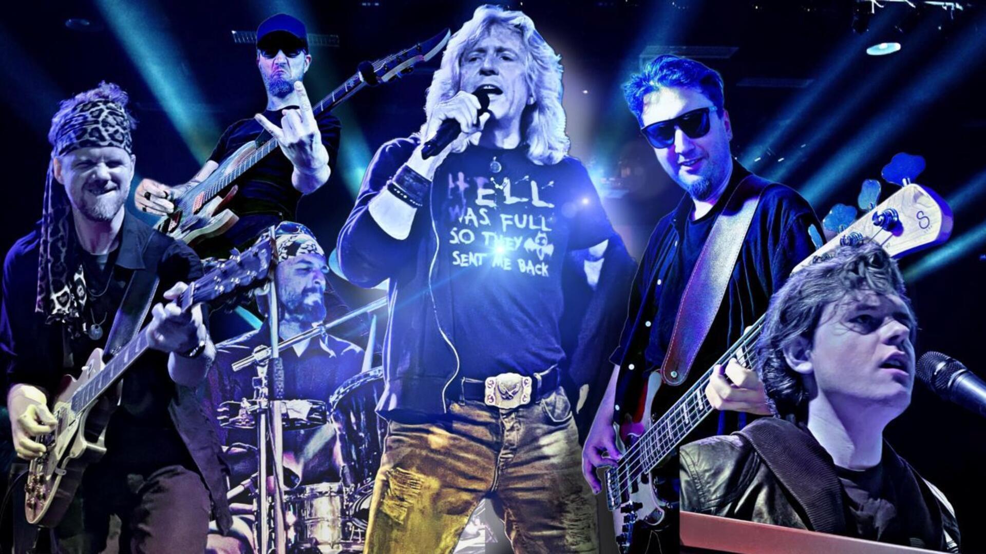 Sechs Musiker der Klabautermann – Santiano Tribute Band auf der Bühne, beleuchtet von blau-violetten Scheinwerfern; im Zentrum der Sänger mit Mikrofon, flankiert von Gitarristen, Bassist, Schlagzeuger und Keyboarder.
