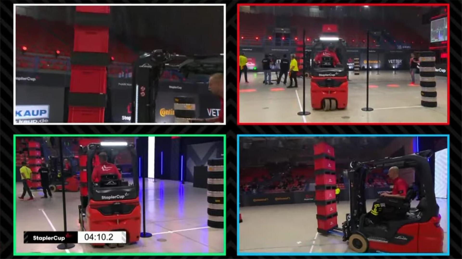 Ein Foto, das aus vier Einzelbildern besteht. Sie zeigen Personen, die jeweils in einem Gabelstapler sitzen und Kisten stapeln.