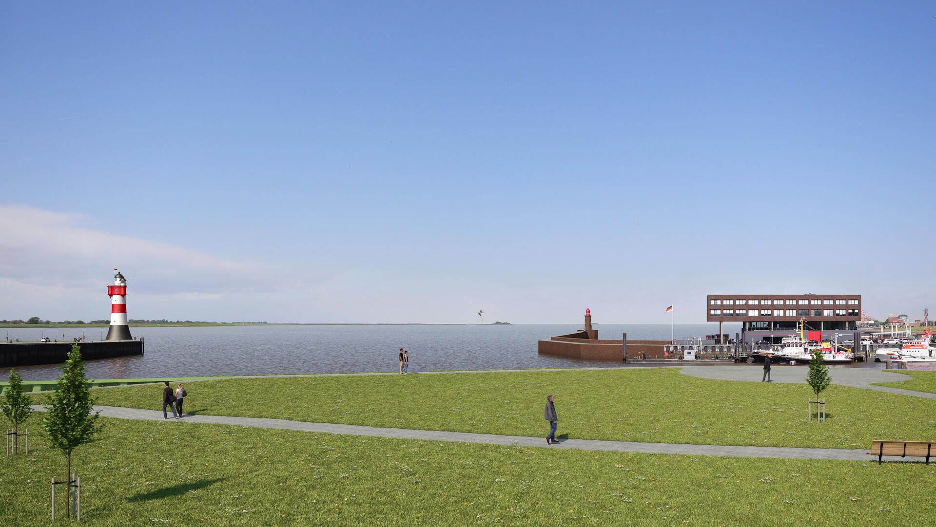So stellte sich die Stadt Bremerhaven den neuen Standort für den Leuchtturm Roter Sand in ihrer Fotomontage vor - an der südlichen Geestemole.
