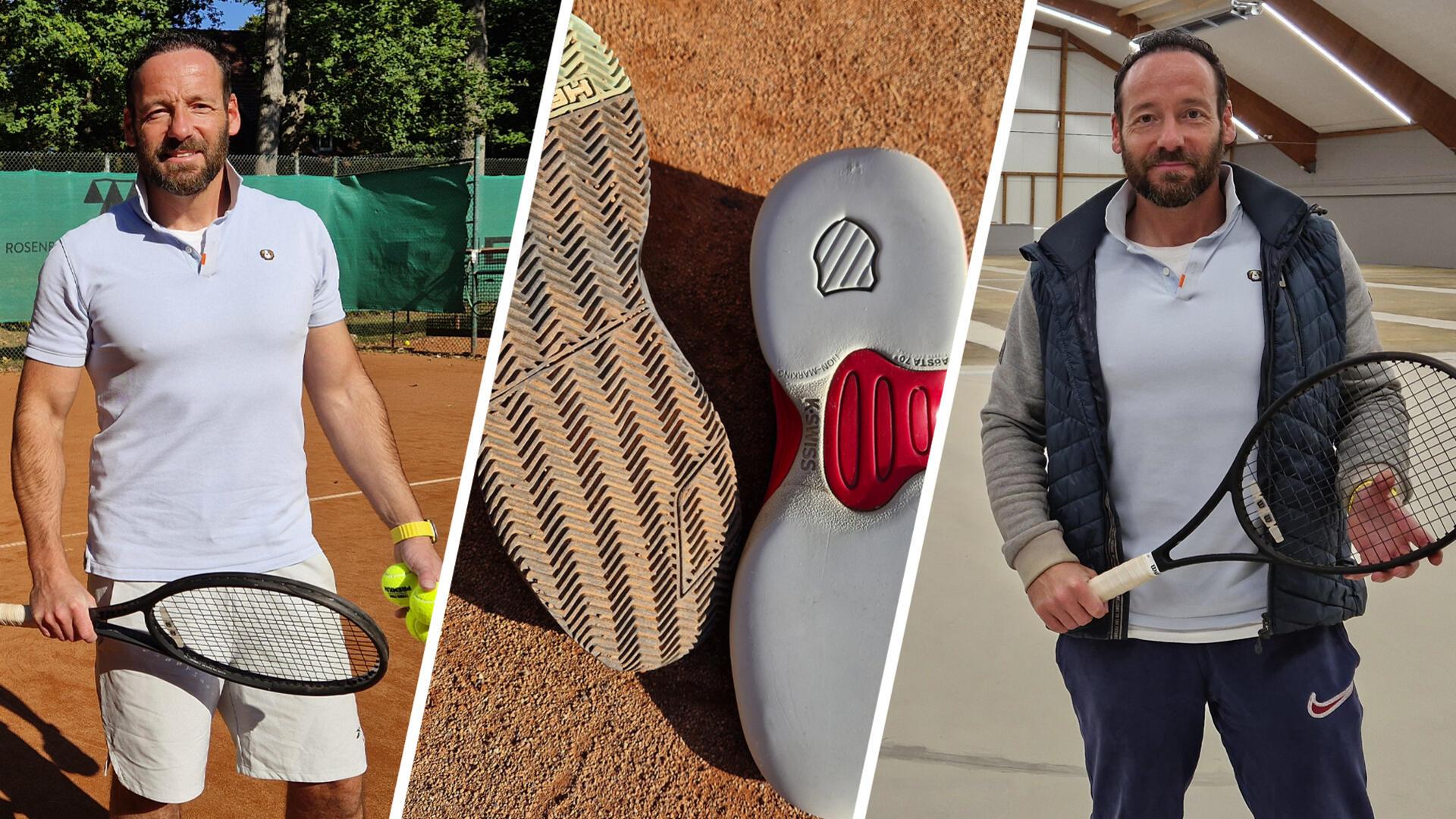 Rechts: Ein Mann in T-Shirt und kurzer Hose auf einem Tennisplatz; Mitte: Die Sohlen von zwei verschiedenen Schuhe, eine Sohle hat viel Profil, die andere ist glatt; Rechts ein Mann in einer noch unfertigen Tennishalle.