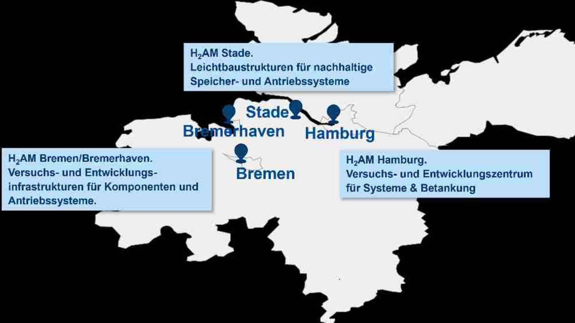 Auf einer Karte von Norddeutschland sind die Orte eingezeichnet, an denen wasserstoff- und brennstoffzellenbasierte Technologien unter realen Bedingungen getestet werden. Über 24 Millionen Euro fließen in den Ausbau der Wasserstoff-Testinfrastruktur in Bremen und Bremerhaven.