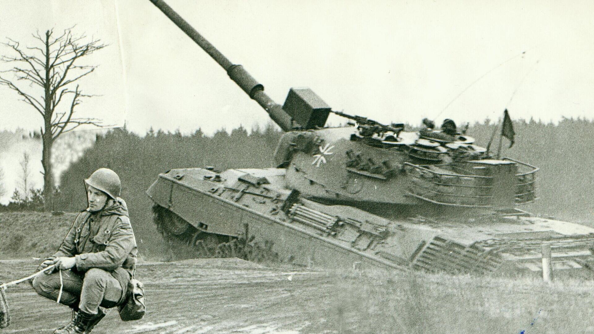 Ein Soldat und ein Panzer in einer Fotomontage.