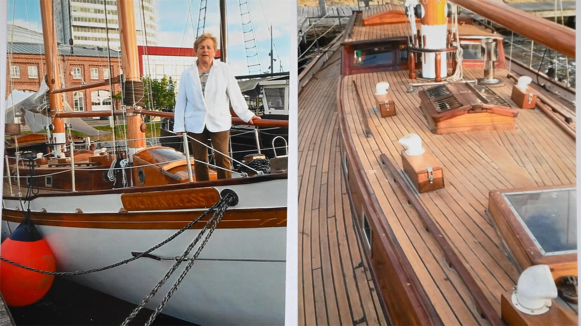 Zwei Fotos nebeneinander. Das linke zeigt eine Frau in weißer Jacke und brauner Hose an Deck eines Schiffes. Das Foto rechts zeigt das Deck nochmals expliziter.