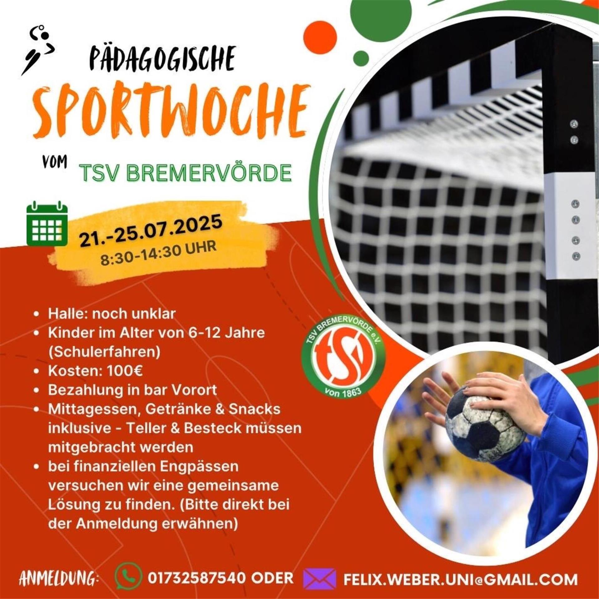 Vom 21. bis 25. Juli veranstaltet der TSV Bremervörde erneut seine Pädagogische Sportwoche für Kinder im Alter von 6 bis 12 Jahren. 