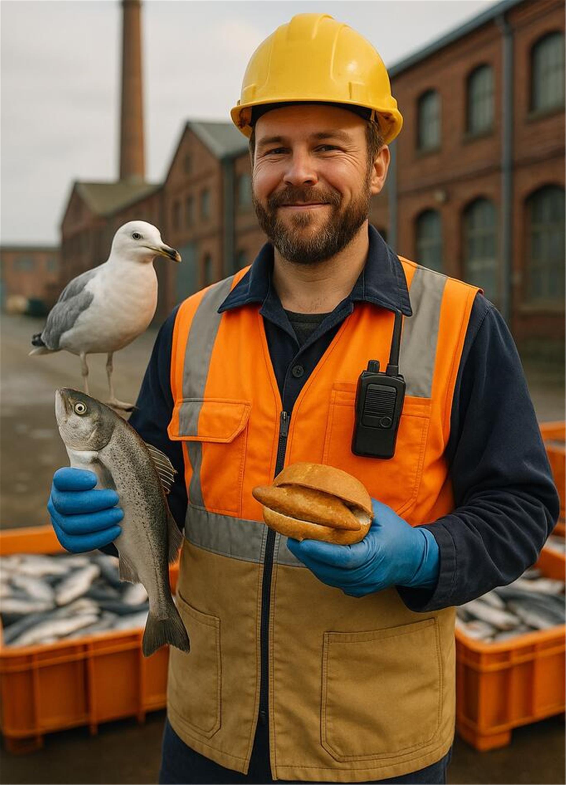 Bremerhaven in Bildern: So sieht ChatGPT die Stadt Warum hält der freundlich lächelnde Hafenarbeiter ein Fischbrötchen und einen Fisch in der Hand? Und was macht die Möwe da?